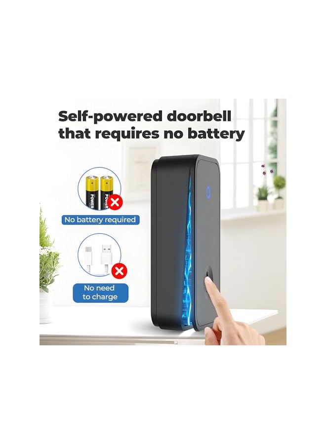 promass Wireless Doorbell, Black Waterproof Door Bell Kit with 2 Press Self-Powered Transmitter 1 Plug-in LED Flashing Receivers, 60 Chimes, 5 Level Volumes Ring Doorbell Wireless for Home, Office - Image 4