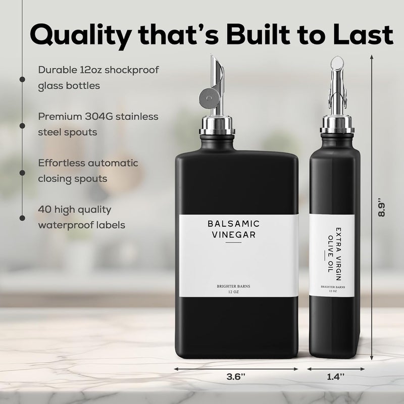 Brighter Barns Black Glass Olive Oil Dispenser Bottle for Kitchen by - Soy Sauce Dispenser, Coffee Syrup Bottle - Kitchen Decor for Restaurant, Airbnb, Coffee Bar Accessories (Black/Silver, Set of 2) - Image 3