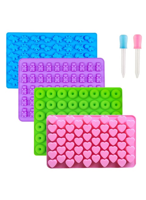 Gummy Bear Candy Molds Silicone, Gummy Molds with 2 Droppers, Non-Stick Silicone Candy Molds Including Mini Dinosaur, Bear Shape, Hearts and Mini Donut, Set of 4