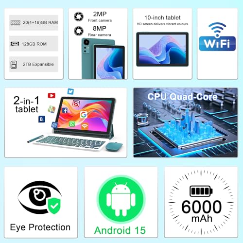 CUPEISI Android 15 Tablet 10 Inch, 20GB RAM+128GB ROM/ 2TB Expandable, 2.0GHz Quad-core Processor, 1280*800 HD Screen, 5G WiFi6 BT 5.0, 2 in 1 Tablets with Keyboard Case Mouse Stylus, Widevine L1 Blue - Image 2