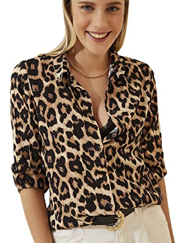 BIG DART Blouses for Women Fashion, Casual Long Sleeve Button Down Shirts Tops, XS-3XL (Leopard Print, Medium) - Image 1