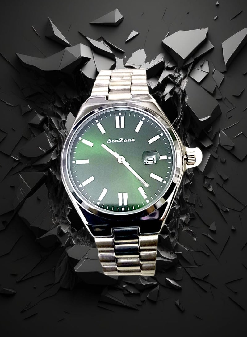 Seazone Men's Stainless Steel Analog Quartz Date Display Watch Easy to Read Fashion Design Waterproof Luxury Classic Big Face Wrist Watch  - Image 3