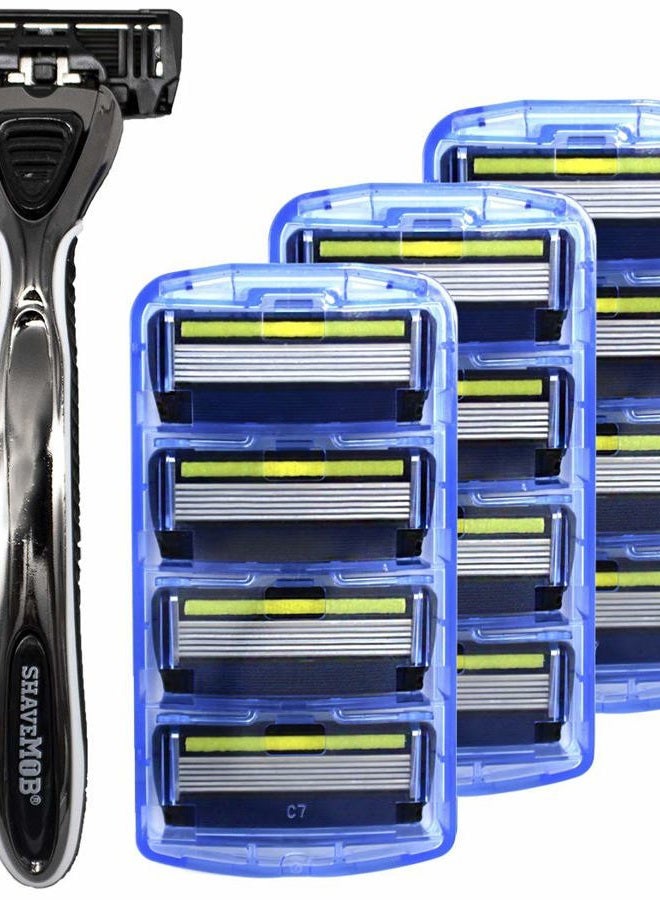 ShaveMOB 6-Blade Men's Razor Kit (Flex Head Handle 12 Refills) - The Caveman Shaving Kit - Image 1