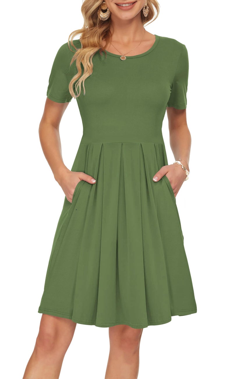 AUSELILY Women's Short Sleeve Summer Dress Pleated Loose Swing Knee Length Dresses with Pockets 2026 New Army Green M - Image 1