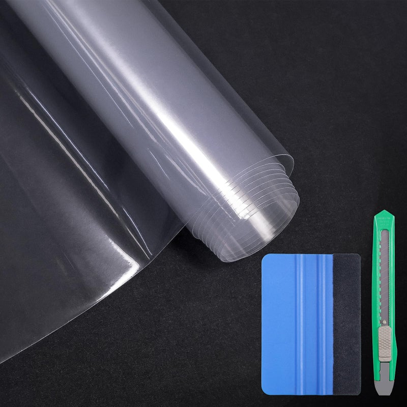 Lypumso Clear Vinyl Wrap with Tool Kit Transparent Protective Self Adhesive Car Wrap Film Vinyl Without Bubble Clear Gloss Paint for DIY Car Moto Interior Exterior 1ft x 10ft