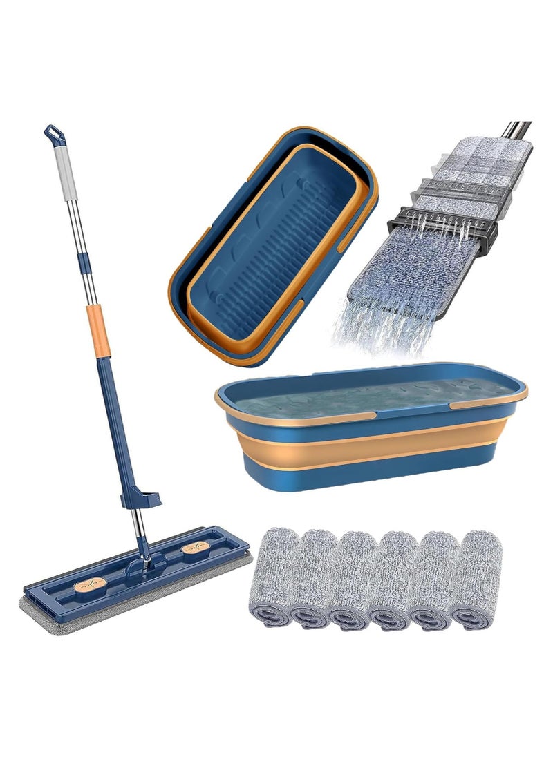 XiuWoo Multi-Functional Mop and Bucket Set with 6 Pads , Large Flat Mop with Wringer, 360° Rotating Mops with Washable Pads, for Home Floor Cleaning,Blue  - Image 1