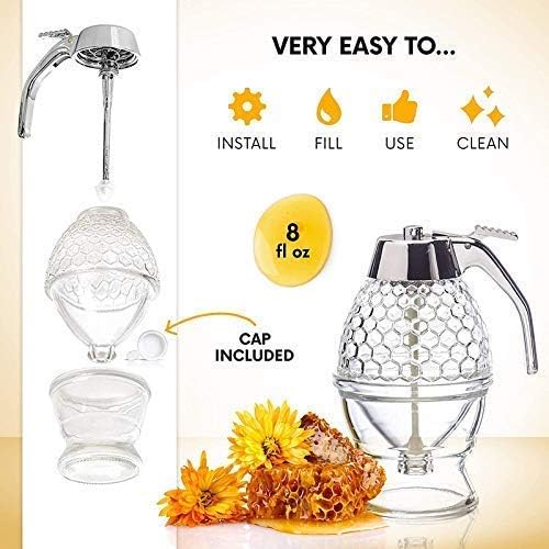 SOCATHEY SOCATHEY Honey Dispenser with Stand, Comb Shaped Glass Container, 10 x 8 x 15 cm, Transparent - Image 3