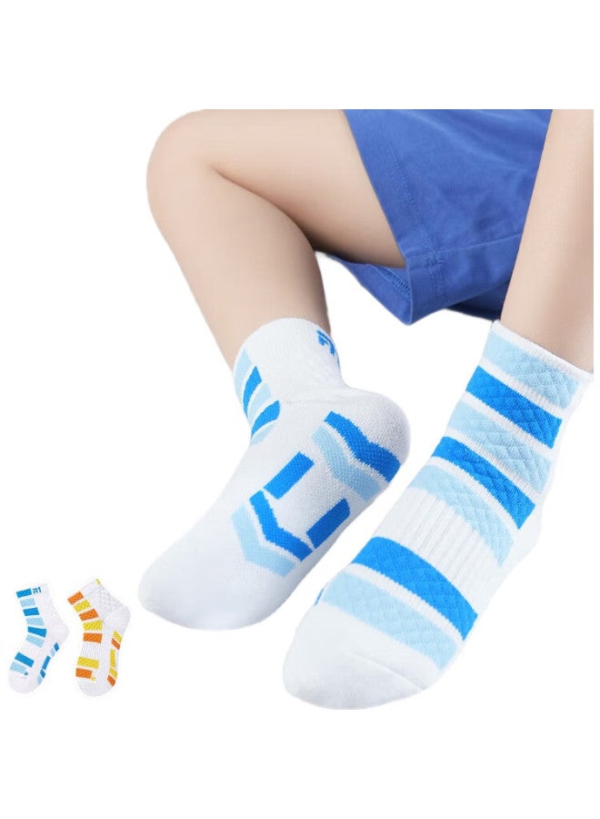 TAAN Children'S Badminton Sports Socks, Thickened Terry Cotton Socks, T609, White Blue White Orange, 2 Pairs - Image 1