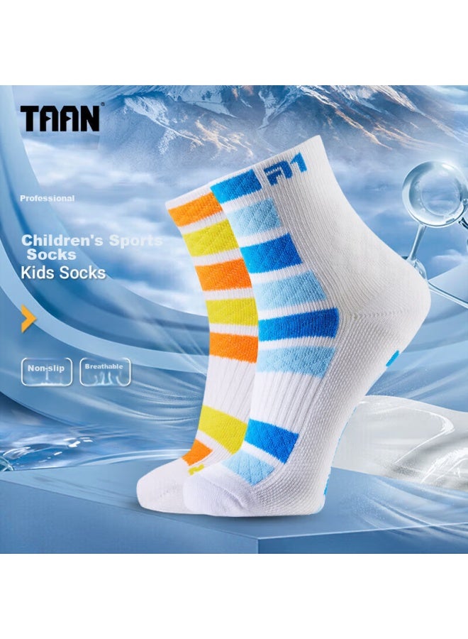Taan Children's Badminton Sports Socks, Thickened Terry Cotton Socks, T609, White Blue White Orange, 2 Pairs - Image 1