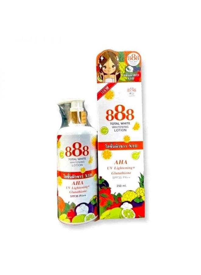 888 توتال وايت لوشن تبييض 10X، يحتوي على AHA لتفتيح البشرة من الأشعة فوق البنفسجية، جلوثاثيون، وSPF 35 PA++ لبشرة متساوية وخالية من العيوب وأكثر إشراقًا، تغذية عميقة لإشراقة دائمة في عبوة بحجم 250 مل. - Image 1