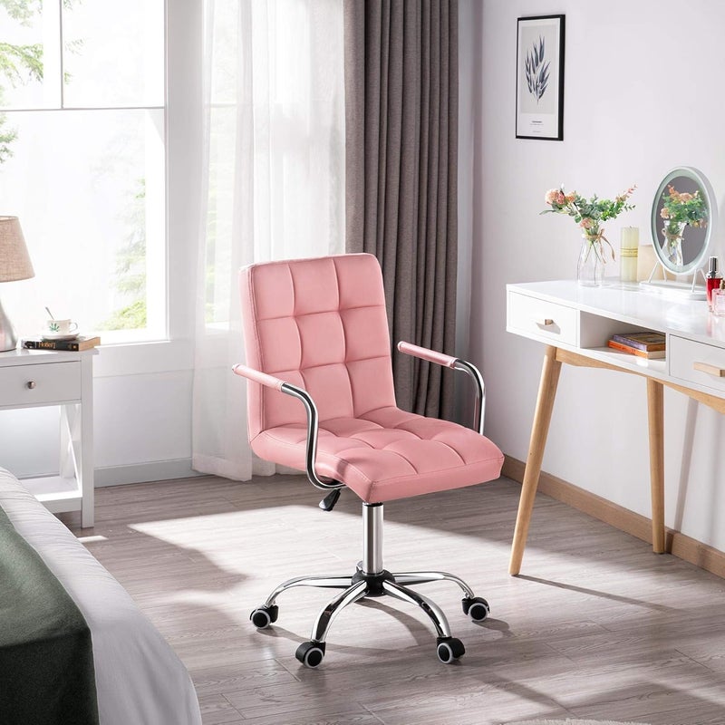 Finch Fox Finch Fox PU Leather Height Adjustable Swivel Office Computer Barstool Armrest Desk Office Chair 360 Degree Rotate with Chrome Coated Metal Base and Castor Wheels Light Pink Color