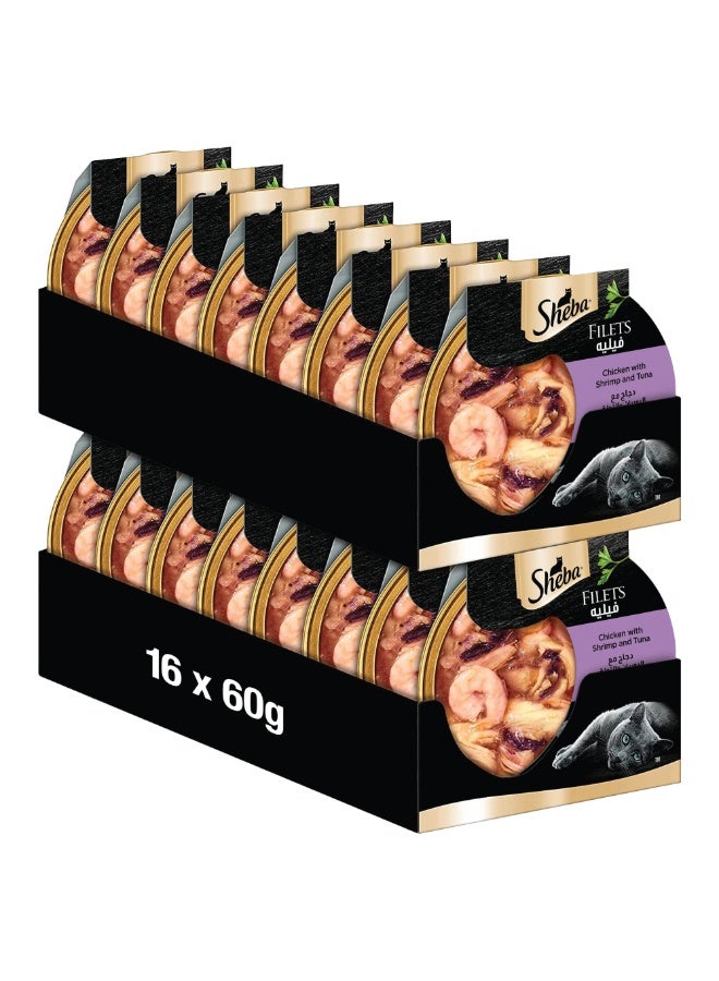 Sheba Filets Chicken with Shrimp and Tuna Wet Cat Food 16 x 60g - Image 1