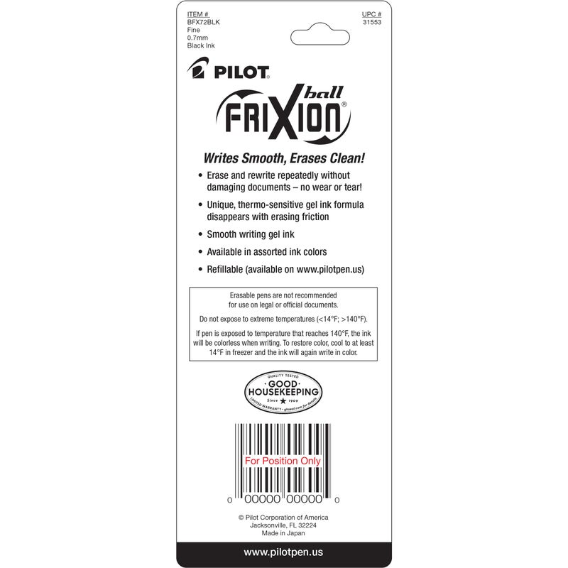 Pilot, FriXion Ball Erasable & Refillable Gel Ink Pens, Fine Point 0.7 mm, Pack of 2, Black - Image 2