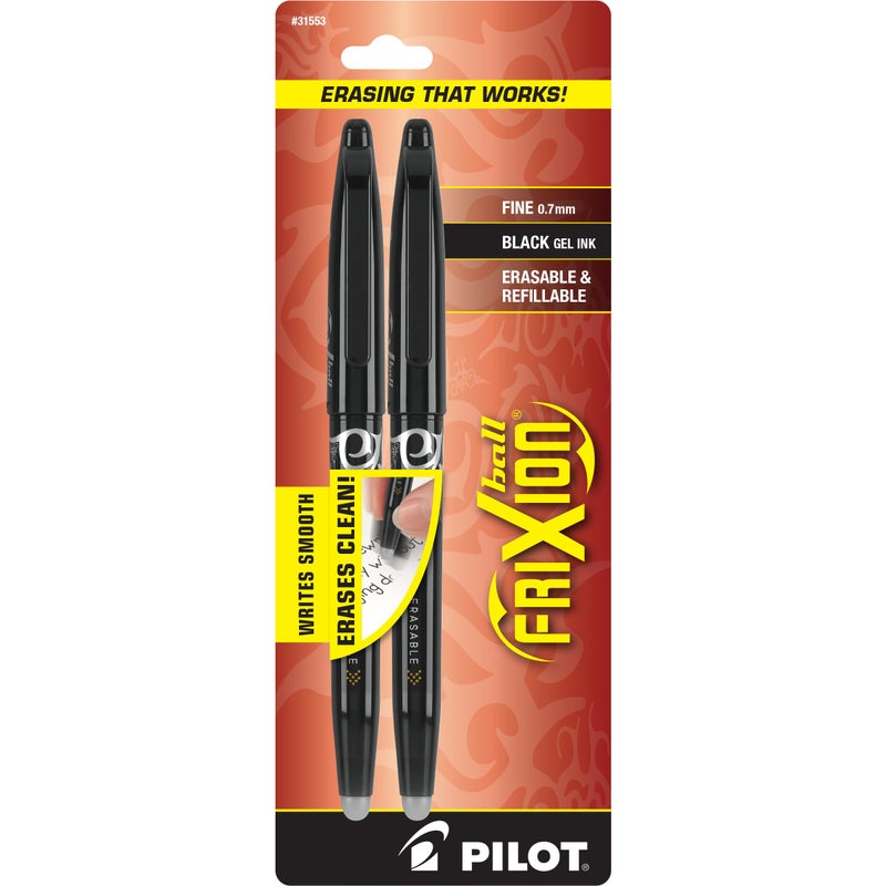 Pilot, FriXion Ball Erasable & Refillable Gel Ink Pens, Fine Point 0.7 mm, Pack of 2, Black - Image 1