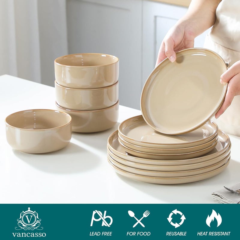 vancasso PLAYA Plates and Bowls Sets12 Pieces Brown Dinnerware Sets for Kitchen Reactive Glaze Dishes Set for 4 Dishwasher and Microwave Safe - Image 3