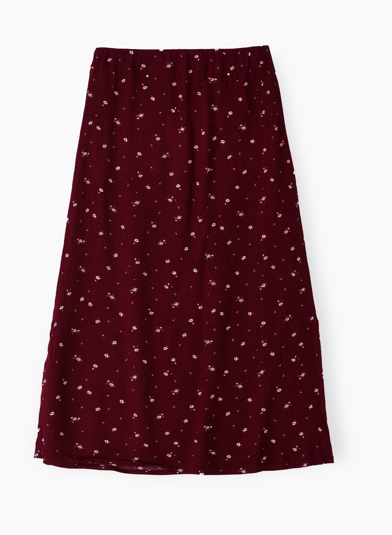 Jelliene Girls' Maroon Floral Print Viscose Midi Skirt  - Image 1