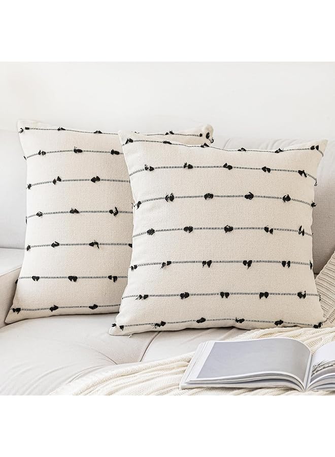 The Bros Boho Throw Pillow Covers 18x18 Set of 2, Modern Farmhouse Decorative Cushion Case Tufted Square Pillows Cover, Neutral Pillow Cases Accent Pillowcase, for Sofa, Couch, Bed, Beige and Black - Image 1