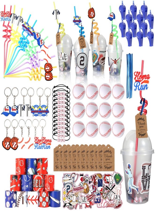 LiYiQ 158 Pcs Baseball Party Favors Baseball Party Supplies With Cup Straw Stress Ball Keychain Sticker Slaps Bracelets Whistle Thank You Tags For Baseball Birthday Decorations (Baseball) - Image 1