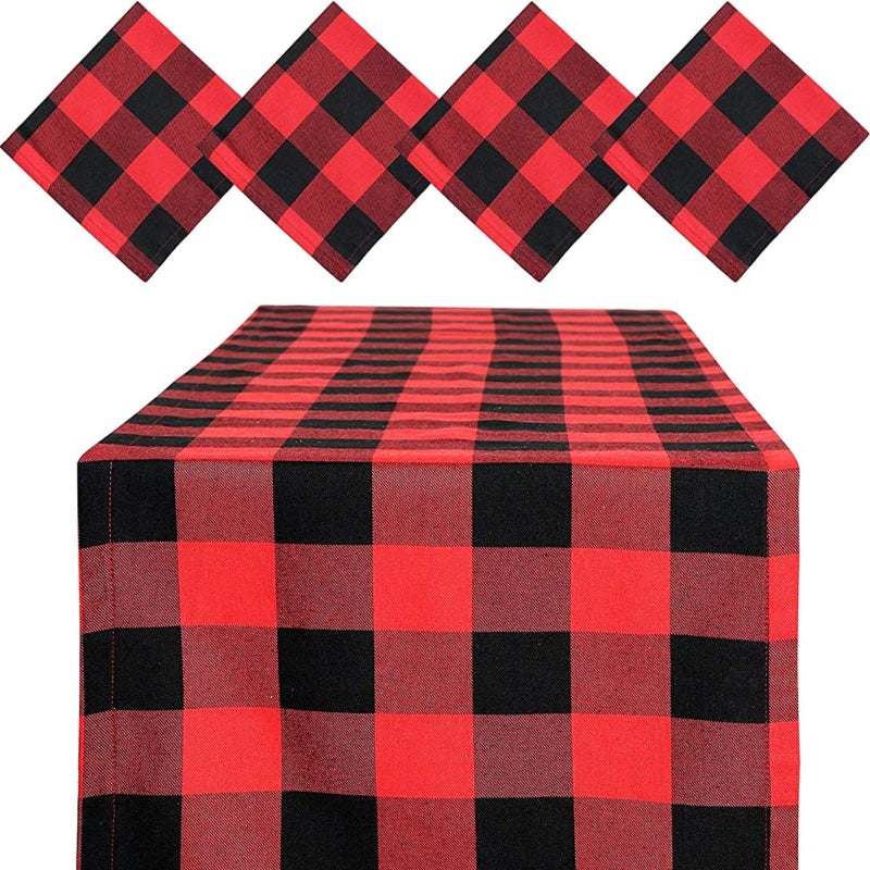 BETTERLINE Table Runner and 4 Napkins - Red Tartan Pattern for Christmas - 110 Inch x 14 Inch Runner and 17 Inch x 17 Inch Napkins - in Gift Box (Red Tartan Plaid Design) - Image 1