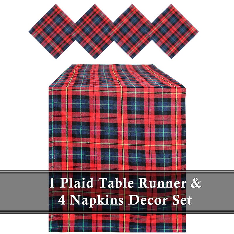 BETTERLINE Table Runner and 4 Napkins - Red Tartan Pattern for Christmas - 110 Inch x 14 Inch Runner and 17 Inch x 17 Inch Napkins - in Gift Box (Red Tartan Plaid Design) - Image 2