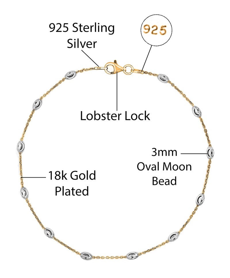 Savlano 18K Gold Plated Over 925 Sterling Silver Station Oval Moon Bead Anklet Chain For Women. Silver, Gold, Rose Gold - Made in Italy Comes With a Gift Box (2CG, 9) - Image 2