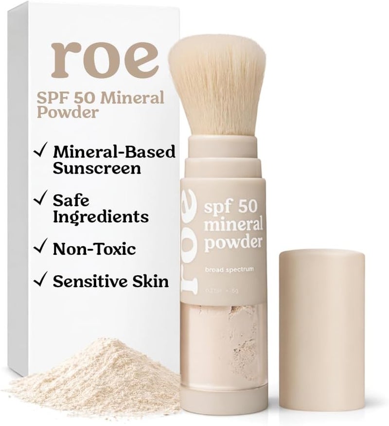 Roe Wellness روي ويلنس - واقي شمس بودرة SPF 50، أساسه معدني، غير سام، يُوضع بالفرشاة للأطفال والبالغين والرضع | لفروة الرأس والوجه والجسم (آمن للشعاب المرجانية) - Image 1
