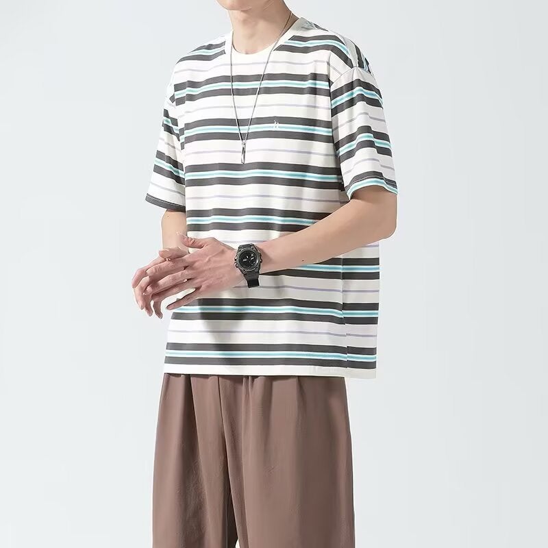 Trendy Youth Japanese Street Style Striped Embroidered Short-Sleeve T-Shirt For Men, Summer Ins Loose New Versatile Casual Tee - Image 3