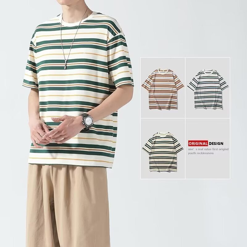 Trendy Youth Japanese Street Style Striped Embroidered Short-Sleeve T-Shirt For Men, Summer Ins Loose New Versatile Casual Tee - Image 2