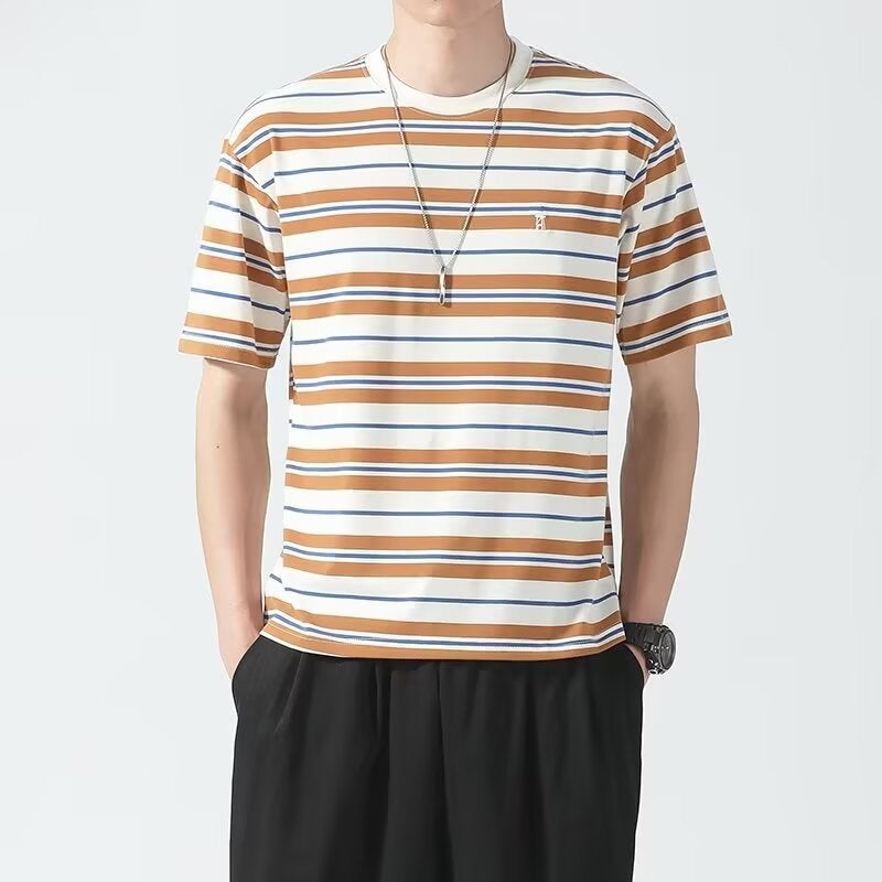 Trendy Youth Japanese Street Style Striped Embroidered Short-Sleeve T-Shirt For Men, Summer Ins Loose New Versatile Casual Tee - Image 5