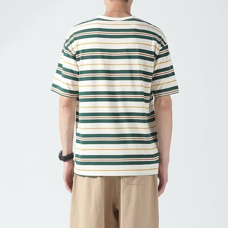 Trendy Youth Japanese Street Style Striped Embroidered Short-Sleeve T-Shirt For Men, Summer Ins Loose New Versatile Casual Tee - Image 4