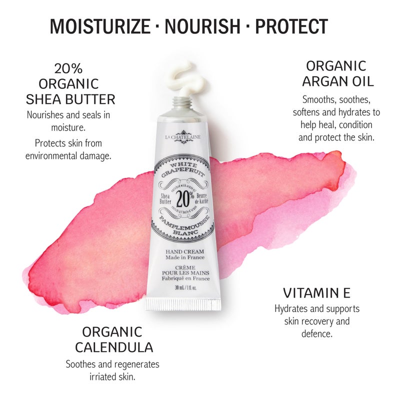 La Chatelaine 20% Shea Butter Hand Cream Travel Size, Organic Argan Oil, Moisturizing, Nourishing, Repairing, Extra-Rich Hand Lotion, Made in France, Paraben Free, 1 oz / 30ml (White Grapefruit) - Image 2