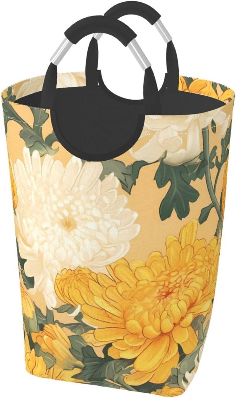 Autumn Chrysanthemum Oriental Style Collapsible Laundry Hamper With Handles, Tall Waterproof Laundry Basket For Bedroom & Dorm - Image 1