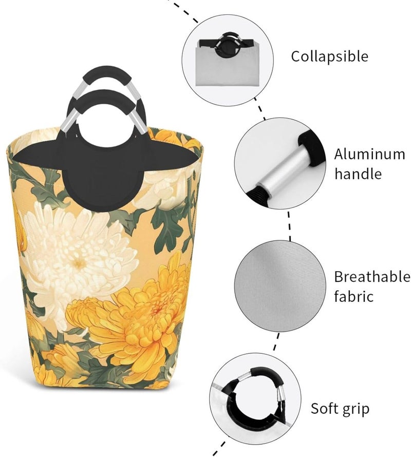 Autumn Chrysanthemum Oriental Style Collapsible Laundry Hamper With Handles, Tall Waterproof Laundry Basket For Bedroom & Dorm - Image 4