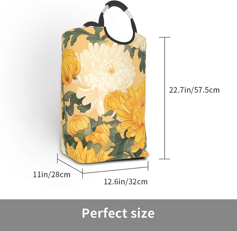 Autumn Chrysanthemum Oriental Style Collapsible Laundry Hamper With Handles, Tall Waterproof Laundry Basket For Bedroom & Dorm - Image 3