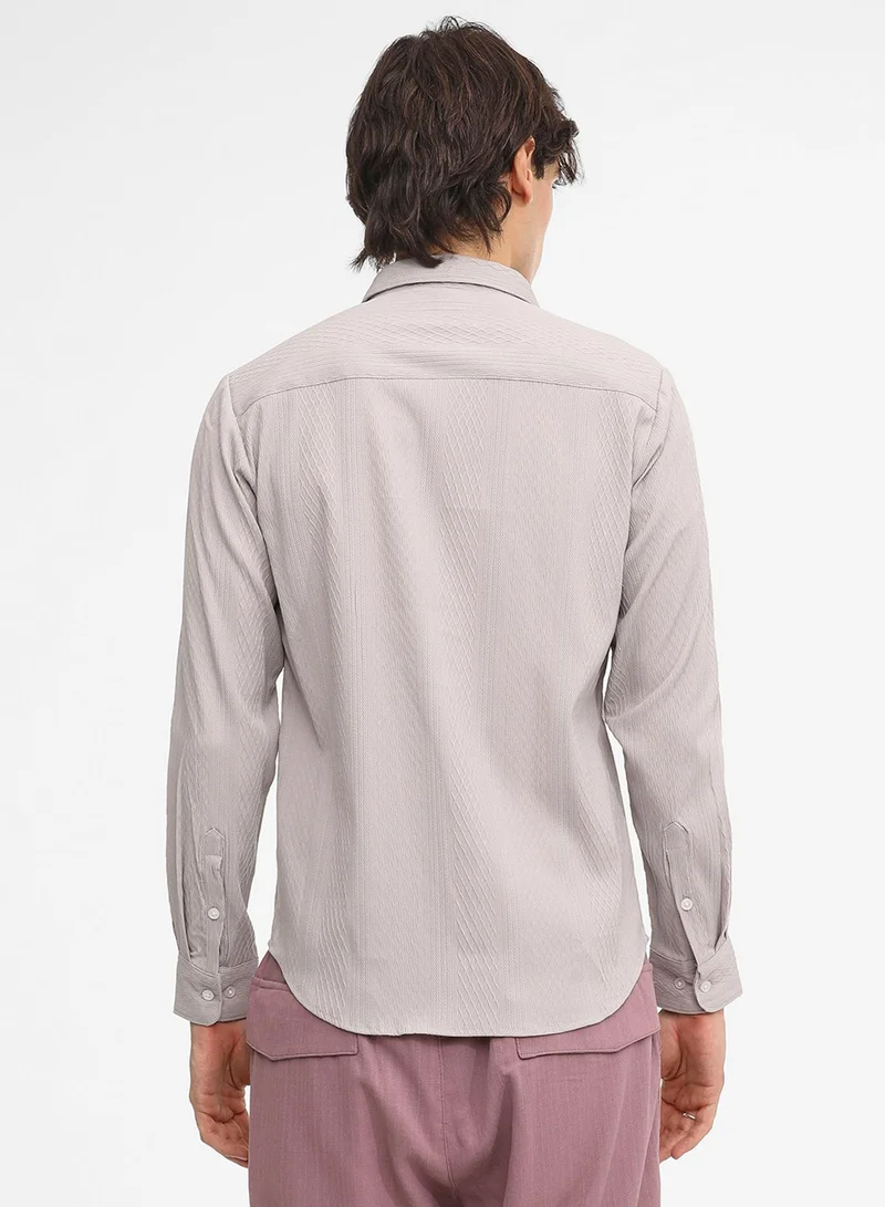 Campus Sutra Campus Sutra Men's Ecru Beige Vertical Tactile Shirt For Casual Wear | Spread Collar | Long Sleeve | Button Closure | Shirt Crafted With Comfort Fit For Everyday Wear