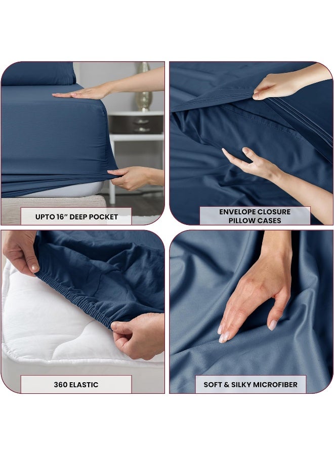 LDC LUX DECOR COLLECTION LUX Dcor King Sheet Set  6 PC Brushed Microfiber Bed Sheets 16 Inches Deep Pockets  Embroidered  Plain Pillowcases  Hotel Luxury Sheets King Size Bed Set  OekoTEX Navy Blue  - Image 3