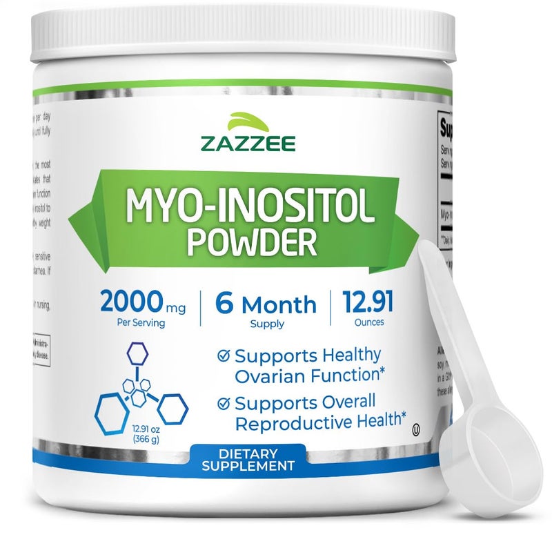 Zazzee Myo-Inositol Powder, 6 Month Supply, 183 Servings, 2000 mg per Serving, Free Scoop for Exact Dosage, 12.91 Ounces, 100% Pure, All-Natural Fertility and Reproductive Support, Vegan, Non-GMO - Image 1