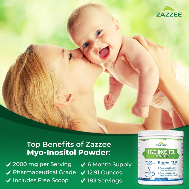 Zazzee Myo-Inositol Powder, 6 Month Supply, 183 Servings, 2000 mg per Serving, Free Scoop for Exact Dosage, 12.91 Ounces, 100% Pure, All-Natural Fertility and Reproductive Support, Vegan, Non-GMO - Image 3