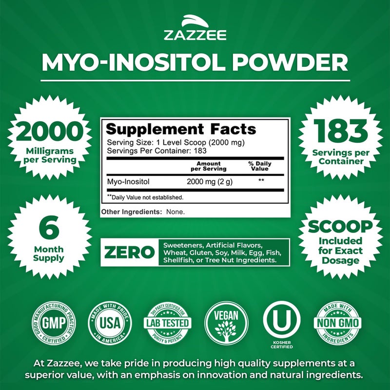 Zazzee Myo-Inositol Powder, 6 Month Supply, 183 Servings, 2000 mg per Serving, Free Scoop for Exact Dosage, 12.91 Ounces, 100% Pure, All-Natural Fertility and Reproductive Support, Vegan, Non-GMO - Image 2