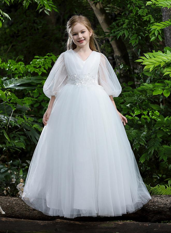Take Two White Mesh Lace Detail Balloon Sleeve Dress - Image 3