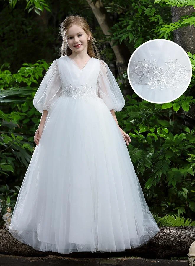 Take Two White Mesh Lace Detail Balloon Sleeve Dress