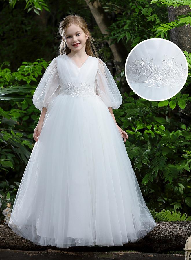 Take Two White Mesh Lace Detail Balloon Sleeve Dress - Image 2