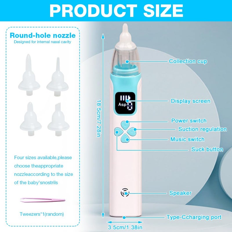 HOVCEH Baby Nasal Aspirator, HOVCEH Electric Snot Sucker for Babies Newborn Toddler, Nose Aspirator Baby with Music, Nasal Aspirator Baby with LED, Baby Nose Cleaner with 4 Silicone Tips, 1 Tweezers - Image 2
