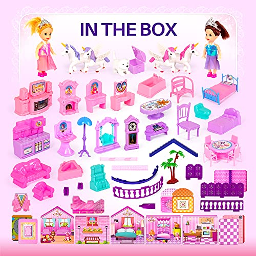 TOMLEON Dollhouse with 2 Princesses, 4 Unicorns, Dog, Furniture and Accessories - Pink and Purple Dream Doll House Toy for Little Girls - 5 Rooms w/Garden, Furniture and Accessories, Gift for Girls Ages 2-8 - Image 2