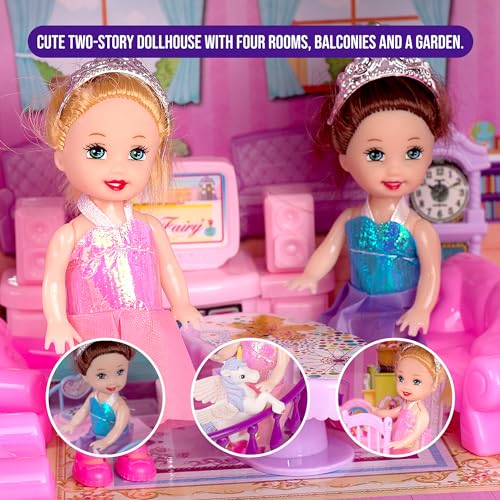 TOMLEON Dollhouse with 2 Princesses, 4 Unicorns, Dog, Furniture and Accessories - Pink and Purple Dream Doll House Toy for Little Girls - 5 Rooms w/Garden, Furniture and Accessories, Gift for Girls Ages 2-8 - Image 5