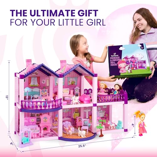 TOMLEON Dollhouse with 2 Princesses, 4 Unicorns, Dog, Furniture and Accessories - Pink and Purple Dream Doll House Toy for Little Girls - 5 Rooms w/Garden, Furniture and Accessories, Gift for Girls Ages 2-8 - Image 3