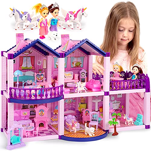 TOMLEON Dollhouse with 2 Princesses, 4 Unicorns, Dog, Furniture and Accessories - Pink and Purple Dream Doll House Toy for Little Girls - 5 Rooms w/Garden, Furniture and Accessories, Gift for Girls Ages 2-8 - Image 1