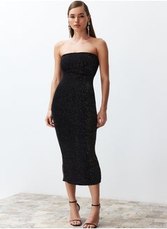 Black Body Fitted Lined Glittered Glittered Knitted Elegant Evening Dress TPRSS24EL00111