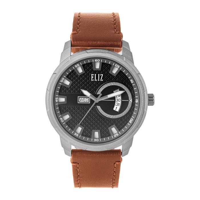 ELIZ ES8924G1SND SS Caseback & Leather Strap Day-Date Men's Watch - Image 1