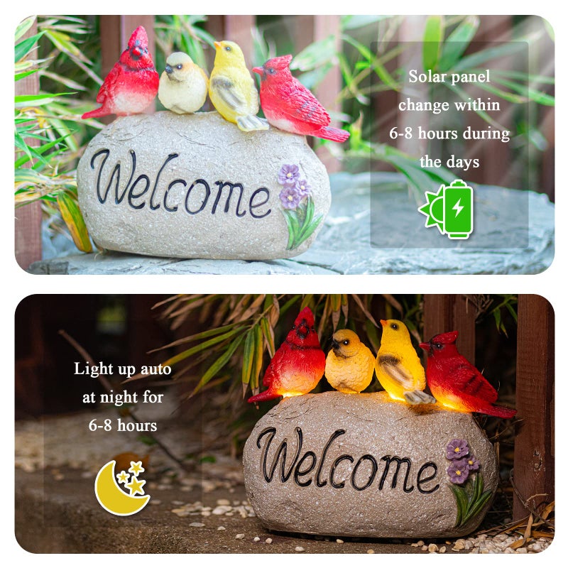Ovewios Solar Garden Statues Outdoor Decor, Welcome Sign Garden Sculptures Statue Novelty Birds Figurine Decoration for Patio Yard Porch Art Home Decor - Image 3